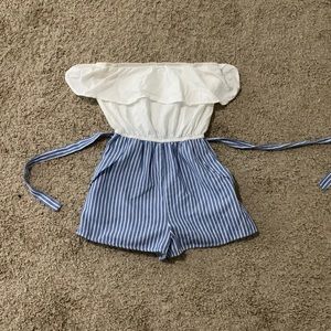 Blue and white strapless romper